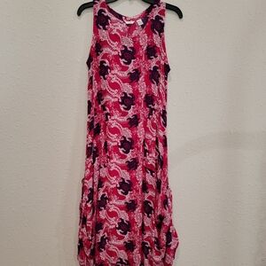 Kaktus Large Sleeveless Smocked Long Dress Pink Turtles Floral 100% Rayon.
